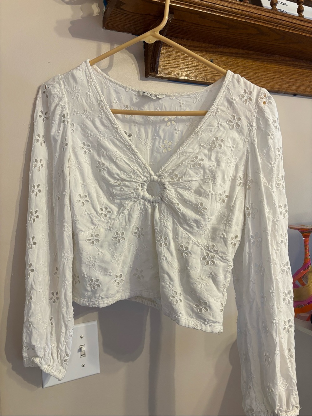 American Eagle Outfitters White Eyelet V-Neck Tie-Front Blouse
